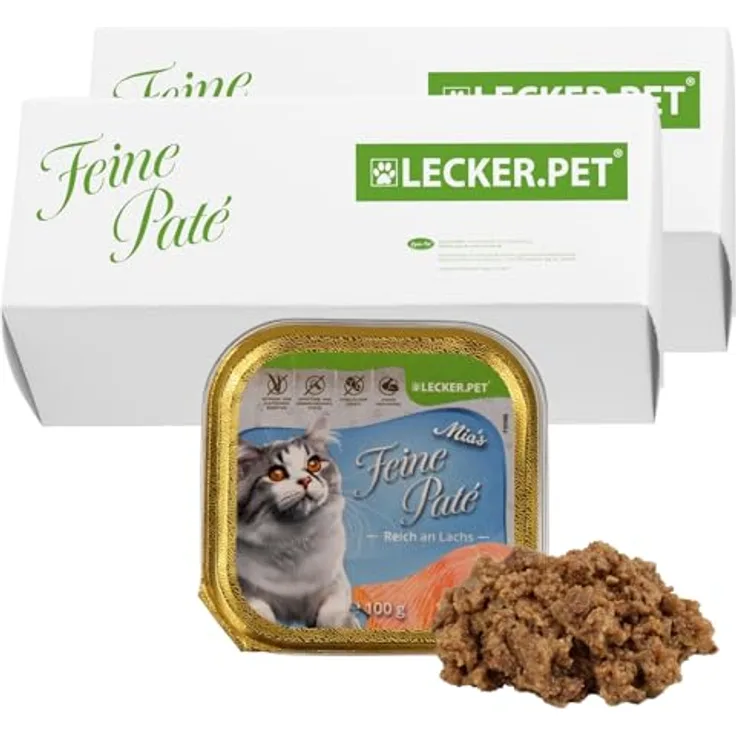 Lyra Pet Lecker.Pet® | Mia's Feine Paté Reich an Lachs, 34 x 100 g Nassfutter, getreidefrei & glutenfrei, magenfreundlich, vollwertige Ernährung für alle Katzen