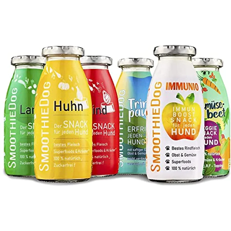 SmoothieDog Hunde Smoothie 6er Mix, flüssiges Hundeleckerli mit Huhn, Rind, Lamm, Ente, Immunio und vegetarischem Gemüsebeet, 250ml Flasche, zucker- und glutenfrei, ideal als Snack und Futter-Topping – Bild 1