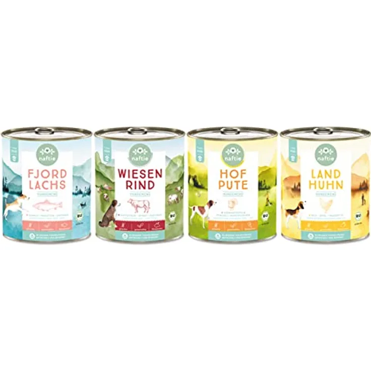 naftie Bio Hundefutter Testpakete, Nassfutter Menüs 4x800g, glutenfrei, fettarm, proteinarm, für alte Hunde, 4 Sorten