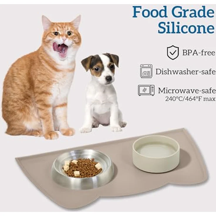 OHMO Napfunterlage für kleine Hunde und Katzen, rutschfeste Silikonmatte, wasserdicht, 46x25 cm, beige – Bild 3