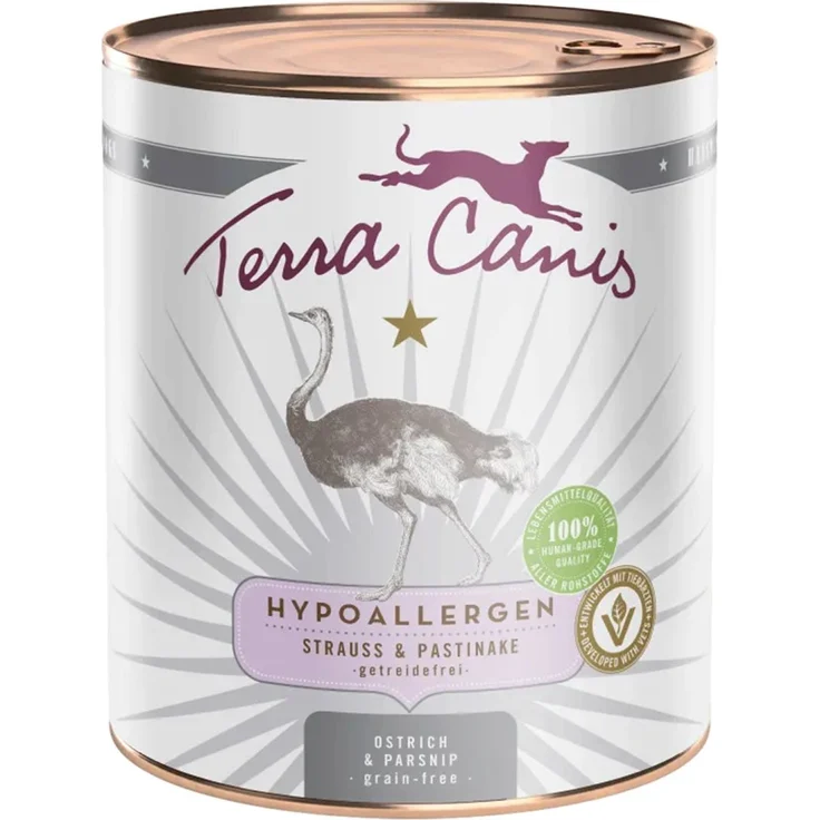 Terra Canis HYPOALLERGEN Strauß mit Pastinake, getreidefreies Hunde-Nassfutter, 6x800g, 100% Lebensmittelqualität
