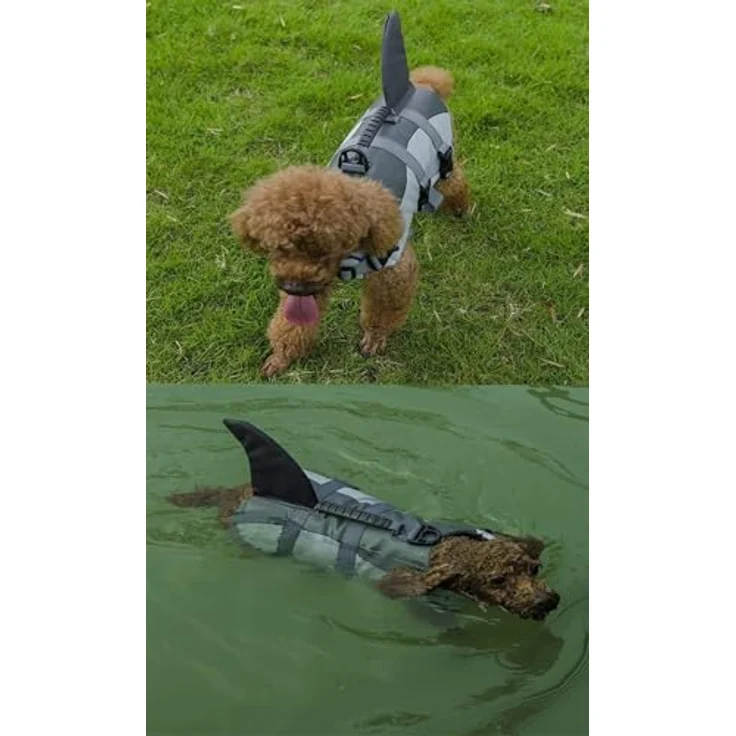 Aokay Hundeschwimmweste Hai, Verstellbare Rettungsweste mit robustem Griff, Größe S, Grau – Bild 3