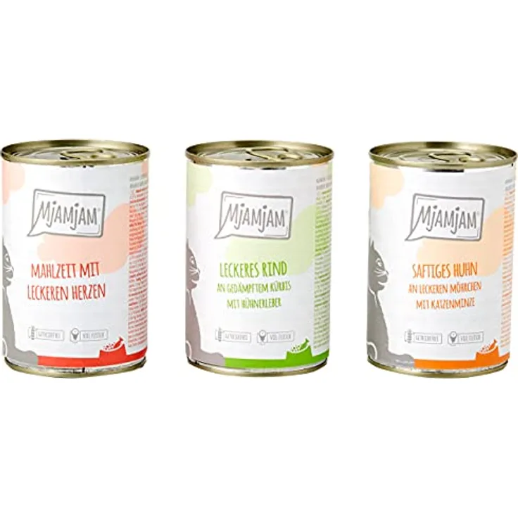 MjAMjAM Premium Nassfutter für Katzen Mixpaket I, Huhn, Rind, Herzen, getreidefrei, 6er Pack (6 x 400 g), mit extra viel Fleisch