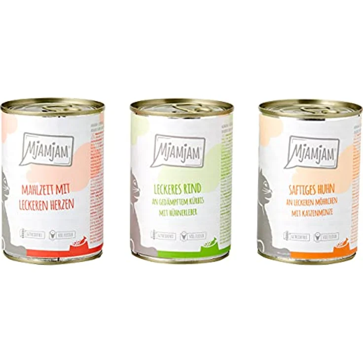 MjAMjAM Premium Nassfutter für Katzen Mixpaket I, Huhn, Rind, Herzen, getreidefrei, 6er Pack (6 x 400 g), mit extra viel Fleisch – Bild 1