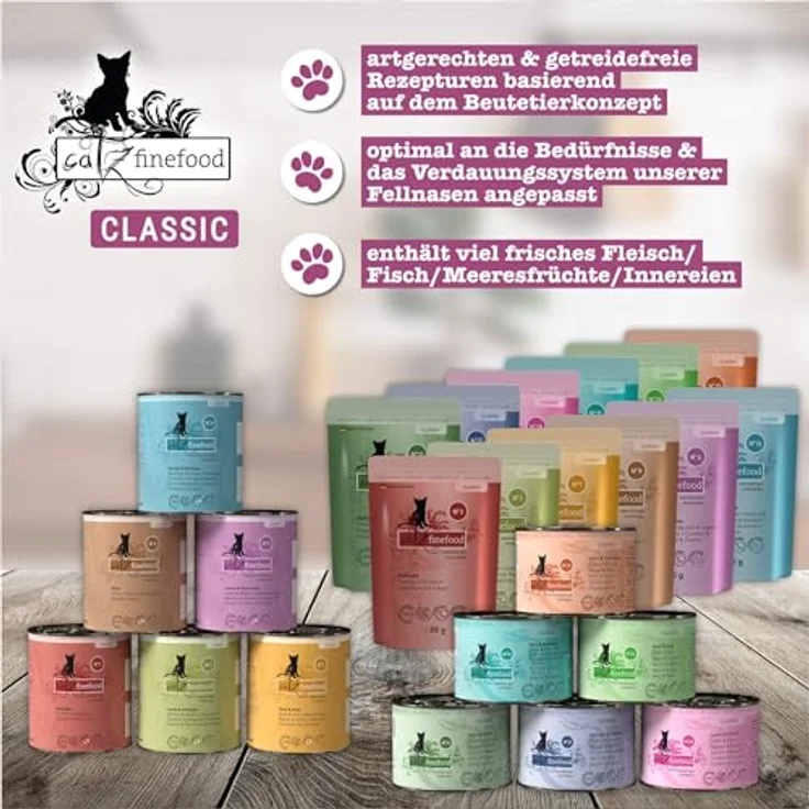 catz finefood Feinkost Katzenfutter nass Multipack 2, 6 x 200 g Dosen mit Huhn, Thunfisch, Rind, Rotbarsch, Lamm, Garnelen, Wild - hohes Fleischanteil, ohne künstliche Zusätze, made in Germany – Bild 3