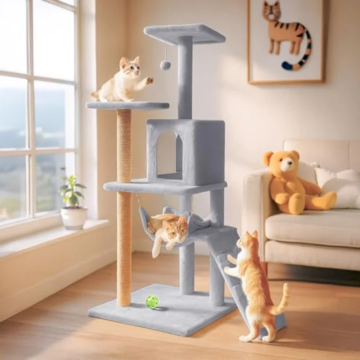 Mersjö Comfort Line Katzenkratzbaum, 125 cm hoch, mit 6 Ebenen, Haus und Spielzeug, hellgrau – Bild 8