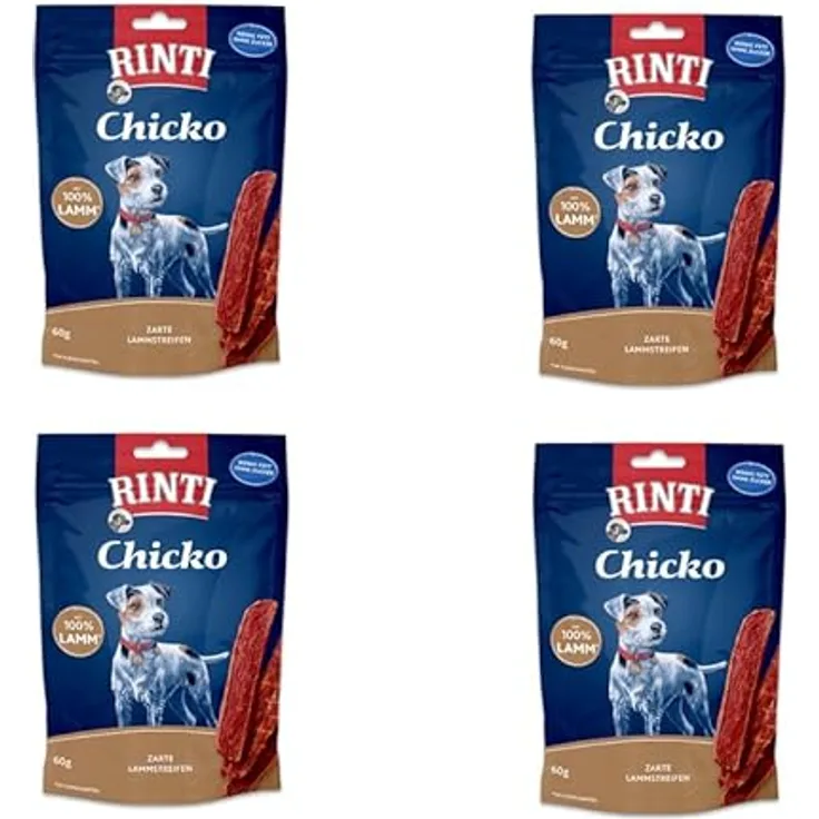 Rinti Extra Chicko Lamm, Ergänzungsfuttermittel für Hunde, 4er Pack mit 240 g, leicht bekömmliche Lamm-Streifen, ohne Soja, schonend luftgetrocknet