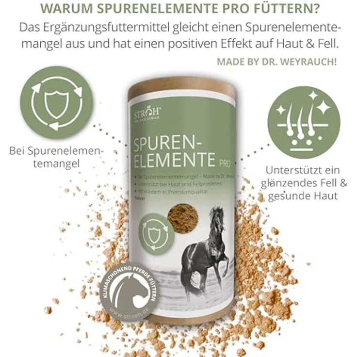 STRÖH Spurenelemente Pro Pulver Pferd, Mineralfutter mit Zink, Mangan, Eisen, Kupfer, Selen, Jod und Cobalt, 1,1kg – Premium Kräuterzusatz für gesundes Pferdewohlbefinden – Bild 3