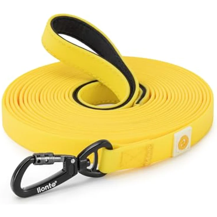 lionto wetterfeste Schleppleine, 5 m mit 360° Sicherheitskarabiner, gepolsterter Handschlaufe und Tasche, Nylongewebe mit PVC Beschichtung, gelb – Bild 1