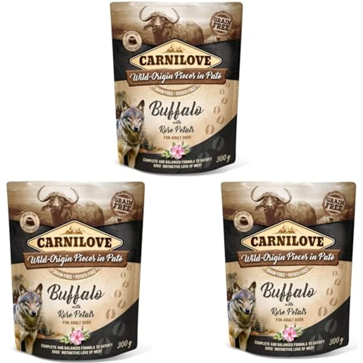 CARNILOVE Pouch Paté Buffalo with Rose Blossom, Getreidefreies Alleinfuttermittel für Hunde, 3er Pack, 3 x 300 g, reich an Antioxidantien – Bild 1