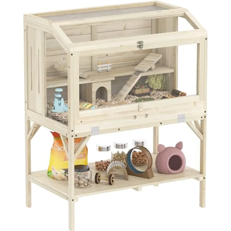 PawHut Hamsterkäfig aus Holz 2 Etagen mit Holz-Hütte, Unterlagefach, Wippen, Rampe, 84 x 53 x 110 cm, Natur