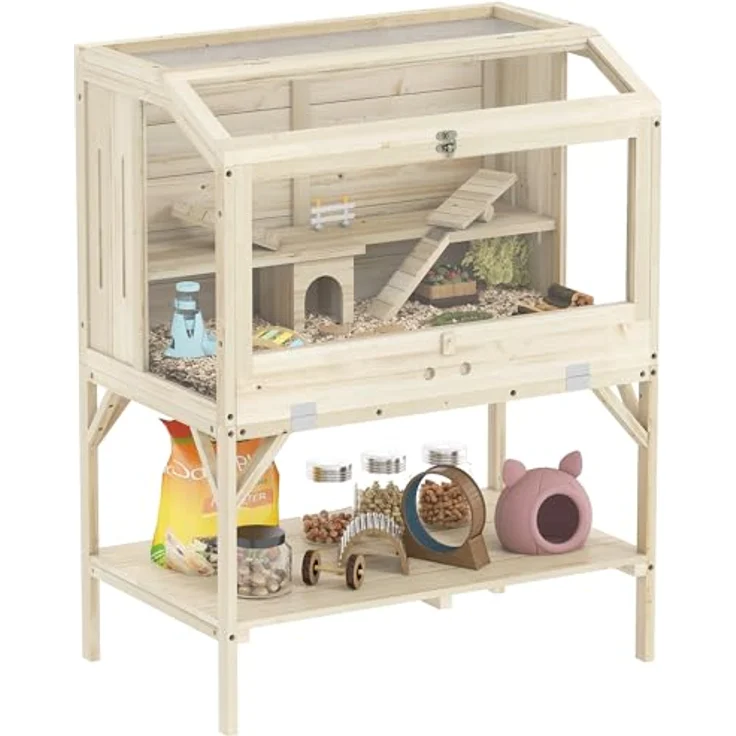 PawHut Hamsterkäfig aus Holz 2 Etagen mit Holz-Hütte, Unterlagefach, Wippen, Rampe, 84 x 53 x 110 cm, Natur – Bild 1