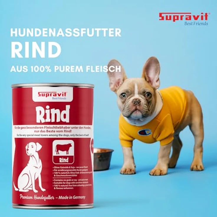 Supravit Nassfutter für Hunde, hoher Fleischanteil 100% Rindfleisch, getreidefrei, 12 x 410g Dosenfutter – Bild 2