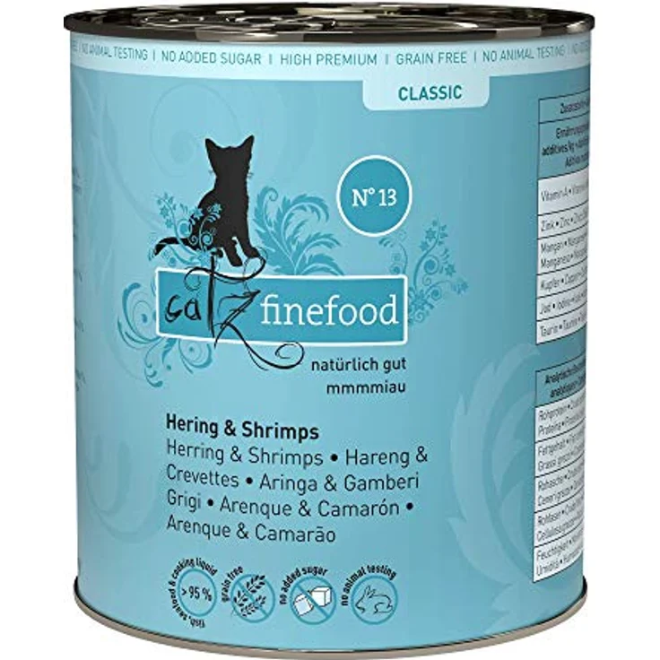 catz finefood N° 13 Hering & Shrimps, 6 x 800g Dosen, feine Feinkost mit Kürbis & Aloe Vera, ohne Konservierungsstoffe – Bild 1