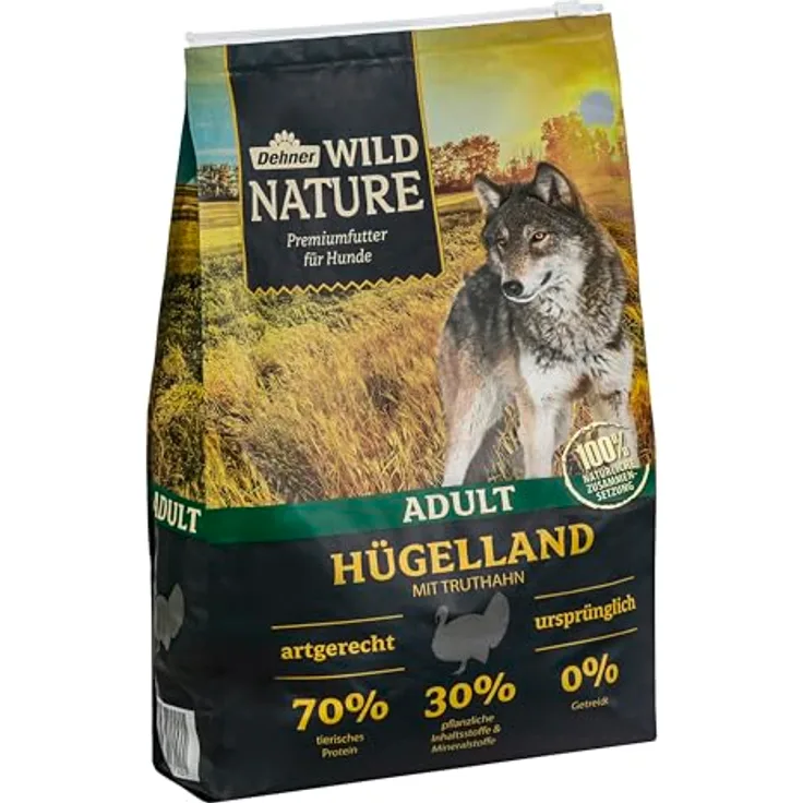 Dehner Wild Nature Hundefutter Hügelland, getreidefreies Trockenfutter mit hohem Fleischanteil für ausgewachsene Hunde, Truthahn, 4 kg