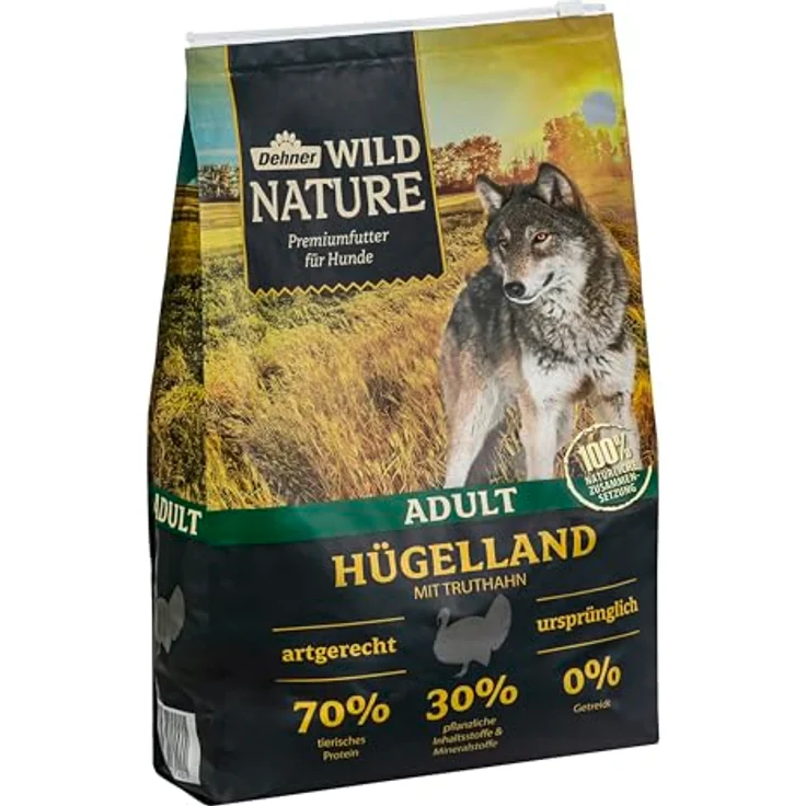 Dehner Wild Nature Hundefutter Hügelland, getreidefreies Trockenfutter mit hohem Fleischanteil für ausgewachsene Hunde, Truthahn, 4 kg – Bild 1