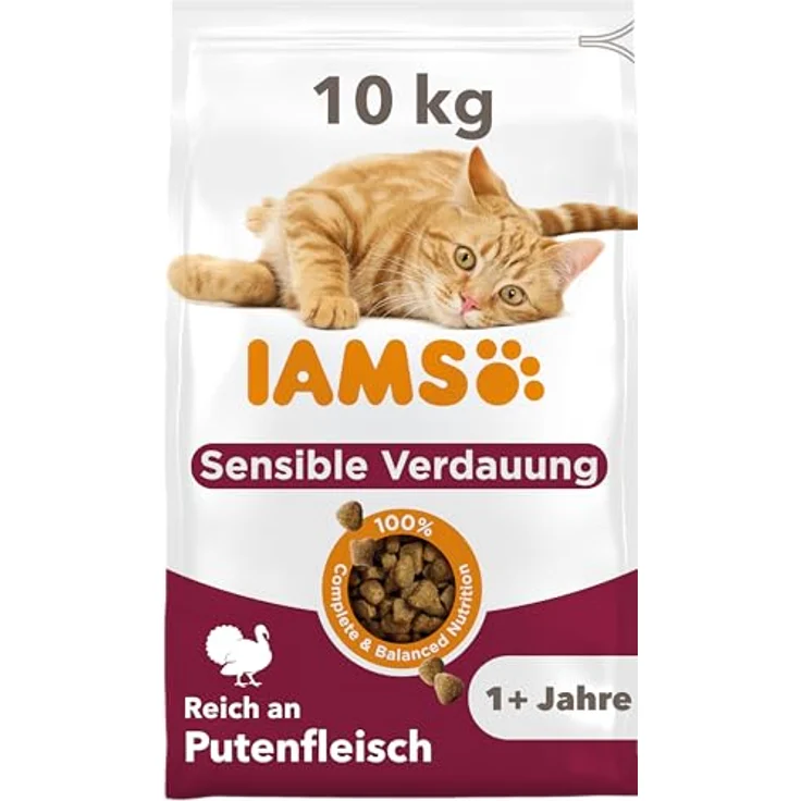 IAMS Sensible Verdauung Katzenfutter trocken mit Pute, Futter für Katzen mit empfindlichen Mägen ab 1 Jahr, 10 kg, weizenfrei, reich an tierischen Proteinen, mit Omega-3- & Omega-6-Fettsäuren – Bild 1