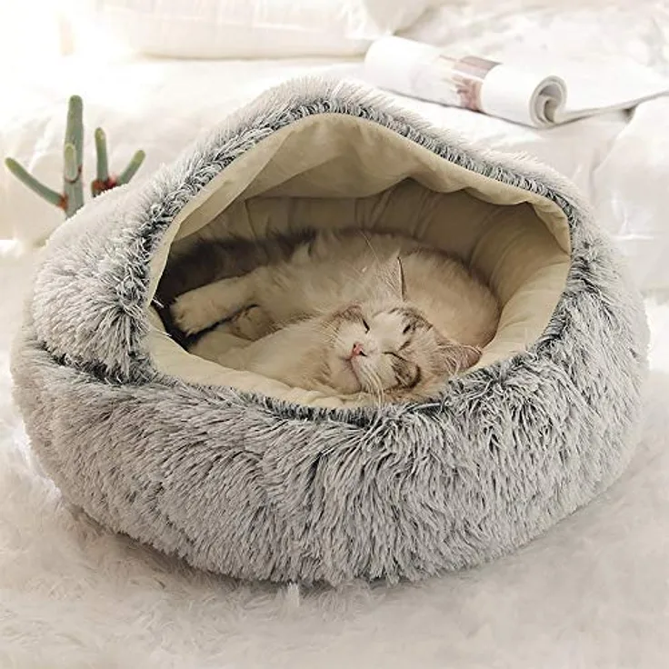 Fashionapple Flauschiges Katzenbett, runde Plüsch-Höhle mit Kapuze, 60 cm, rutschfest, maschinenwaschbar, für Katzen und Welpen – Grau