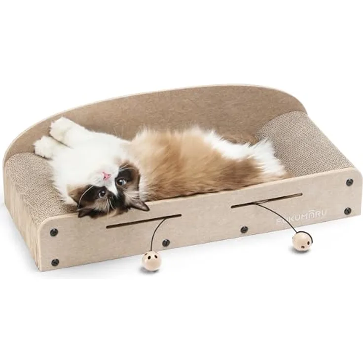 FUKUMARU Kratzbrett für Katzen, 66 cm, langlebige Wellpappe und Filz, 2 wendbare Kratzpads, recycelbares Katzenkratzbett mit Glockenballspielzeug, Beige
