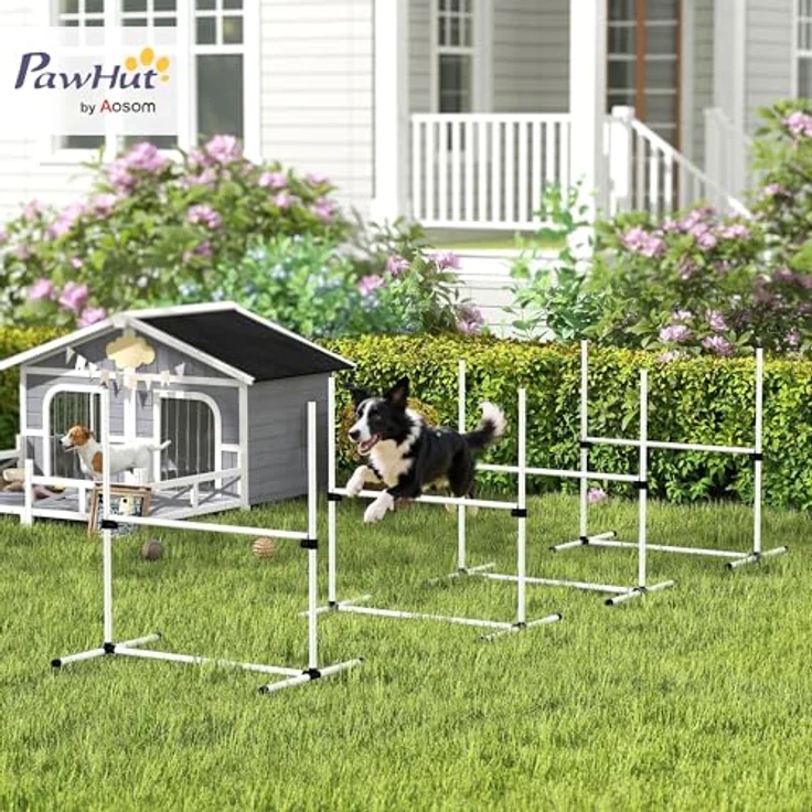 PawHut Agility Hürdenset, Hunde Training Set mit 4 Höhenverstellbaren Hürden aus Kunststoff, Weiß, 95x65x95cm, stabil und transportabel mit Tragetasche – Bild 2