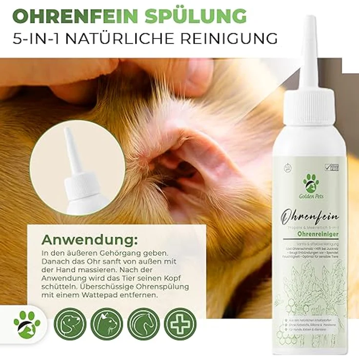 Golden Pets Ohrenreiniger "Ohrenfein", 100% natürliche Ohrenspülung gegen Juckreiz, Entzündung & Ohrenschmalz, 250ml – Bild 5