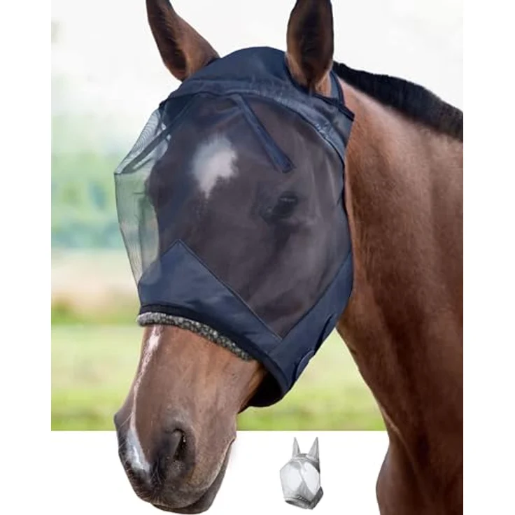 Harrison Howard CareMaster Pferde Fliegenmaske mit UV-Schutz, Schwarz, ergonomisches Design und Fleece-Polsterung, Größe M – Bild 1