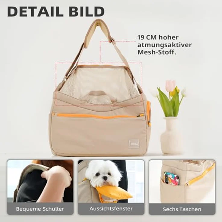 ONECUTE Business-Hundetasche für Kleine Hunde & Katzen – Klappbare Tragetasche mit Weichgepolstertem Hartboden, Belüftungsmesh, Seitentaschen und Sicherheitsmechanismus – Khaki, 40x14x25 cm – Bild 4