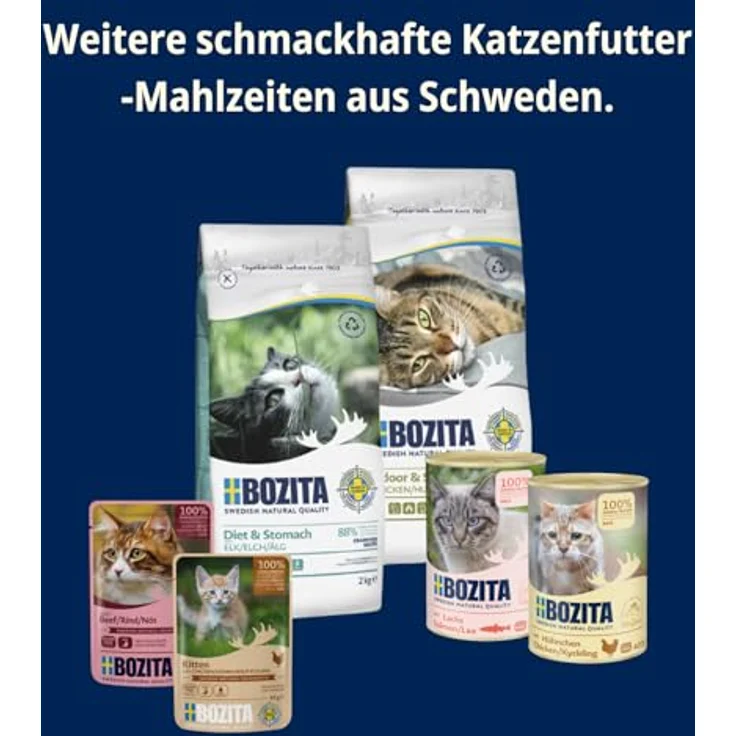 Bozita Katze Pouch Häppchen in Sauce Megabox, 48x85g, getreidefreies Nassfutter in 4 Geschmacksrichtungen (Lachs, Hering, Huhn, Rentier) mit 100 % tierischem Eiweiß – Bild 6