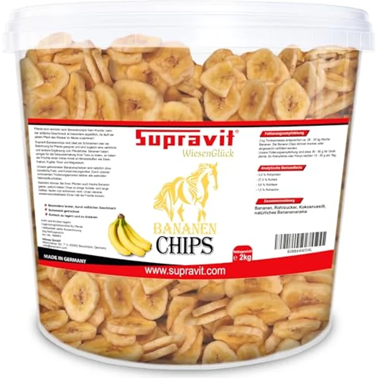 Supravit Bananenchips für Pferde, 2kg Eimer, knusprige Bananenscheiben aus 100% echten Bananen, gesundes Ergänzungsfutter, ideales Pferdeleckerli – Bild 1