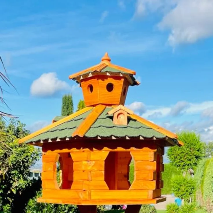 DARLUX handgefertigtes Sechseck Vogelhaus aus Holz, wetterfest, Größe XXL ohne Ständer, Grün - Braun, Futterhaus mit Bitumschindeldach – Bild 4