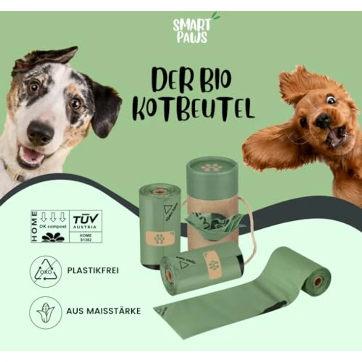 SMARTPAWS Hundekotbeutel biologisch abbaubar, 240 zertifizierte Kotbeutel mit Bio Beutelspender, extra starke und heim-kompostierbare Hundebeutel – Bild 2