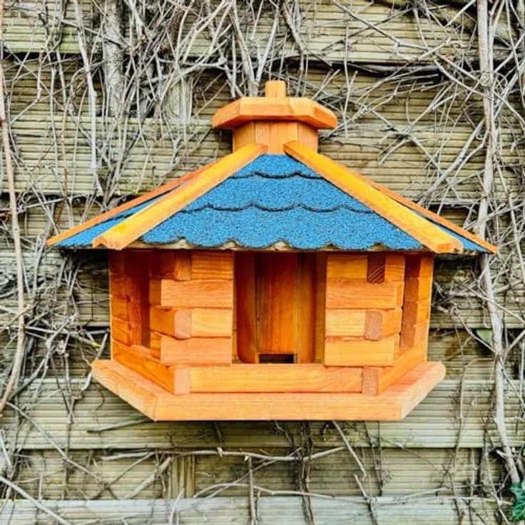DARLUX XL Wand Vogelfutterhaus, handgefertigt aus wetterfestem Holz mit Bitumdach in Blau, inkl. Futterspender – Bild 1