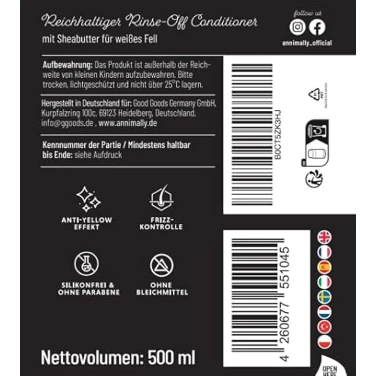 Annimally White Plus Conditioner, Natürliche Fellspülung mit Sheabutter für strahlend weißes Fell, ph-neutrale Pflege ohne Bleichmittel & Parfum - 500 ml – Bild 4