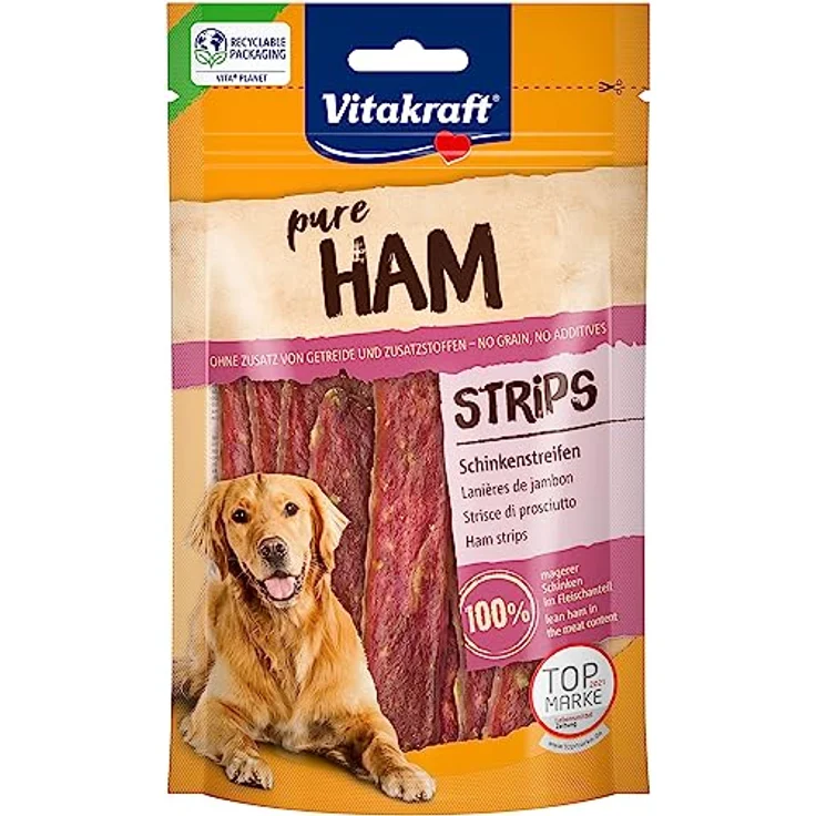 Vitakraft Pure Ham Strips, Hundeleckerli mit 100% magerem Schweinefleisch, zuckerfrei, 80g, wiederverschließbarer Beutel – Bild 1