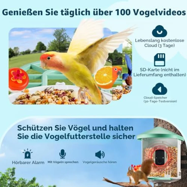 VEVOR Vogelfutterhaus mit 2K HD Kamera, KI Vogelerkennung für über 10.000 Vogelarten, solarbetrieben, automatische Aufnahme, grünes Design, inkl. 1 Solarmodul – Bild 5