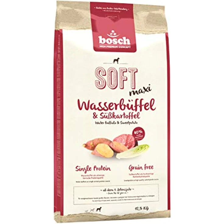 Bosch SOFT Maxi Wasserbüffel und Süßkartoffel, Hunde-Trockenfutter mit weichen Kroketten für große Rassen, 12,5kg – Bild 1