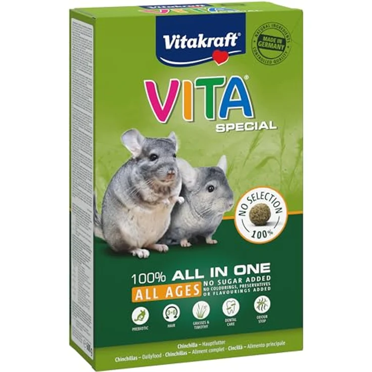 Vitakraft Vita Special All Ages, Chinchilla Futter mit Gräsern und Kräutern, optimale Verdauung, ohne Zucker und Getreide, 600g – Bild 1