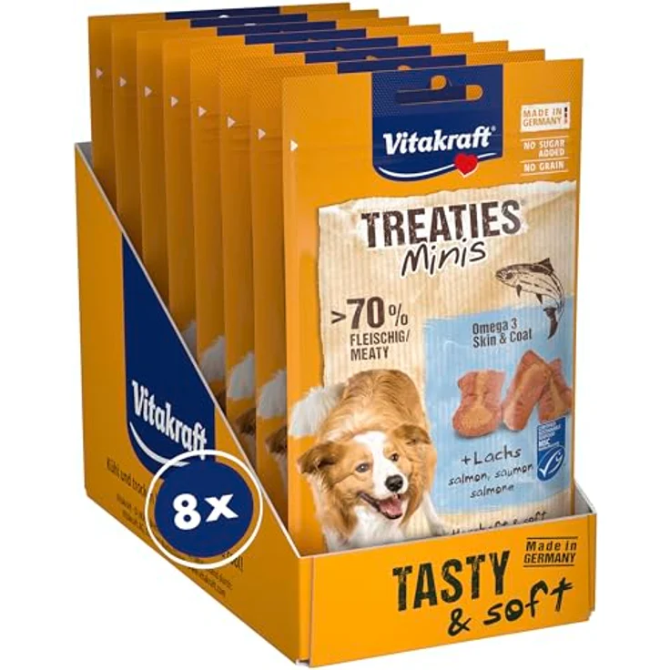 Vitakraft Treaties Minis, weicher Hundesnack gefüllt mit Lachs, mit Omega 3, Trainingsleckerli, 8x48g, Made in Germany – Bild 1