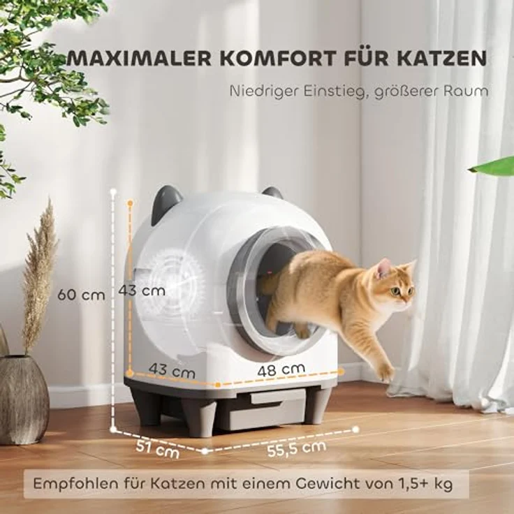 PawHut automatische Katzentoilette mit App-Steuerung, Geruchsbeseitigung und Mülleimer, weiß-grau, für mehrere Katzen – Bild 7