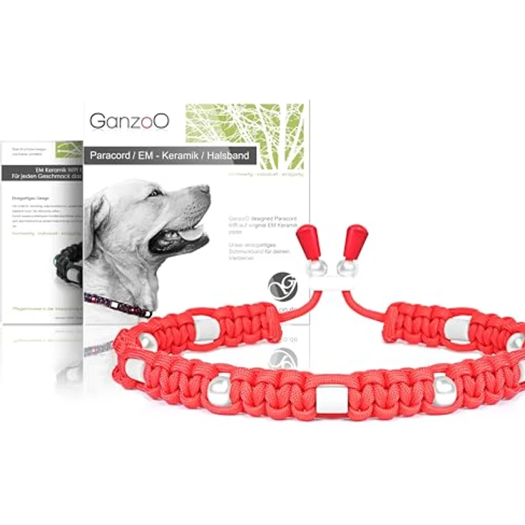 Ganzoo EM Keramik Hunde-Halsband Paracord 550, Zierhalsband in Feuerrot, XS 26-32 cm, verstellbar per Kordelstopper, mit EM Tubes und Zier-Perlen – Bild 1