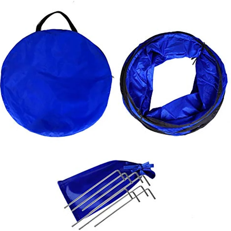 lionto Outdoor Tunnel, faltbarer Agility Tunnel für große & kleine Hunde, 300x50 cm, reißfestes Material mit Heringen, praktische Tragetasche, blau – Bild 3