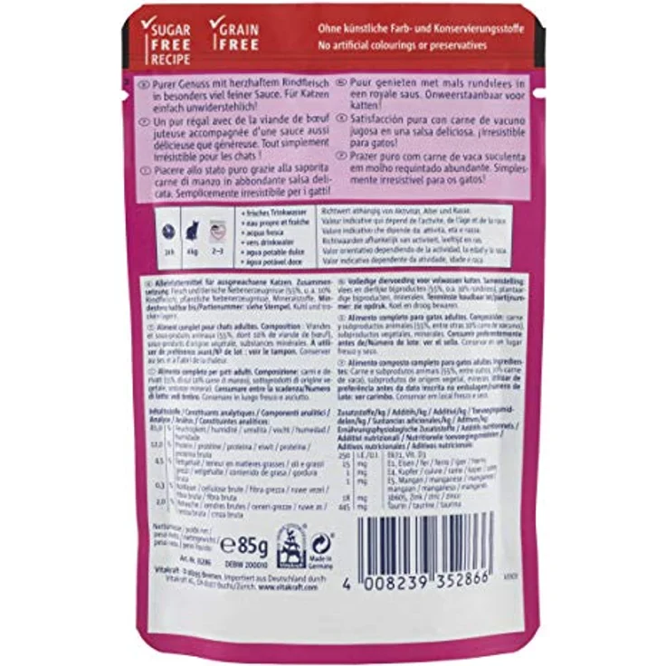 Vitakraft Rindfleisch für ausgewachsene Katze, 85 g Nassfutter in schmackhafter Sauce ohne Zuckerzusatz – Bild 2