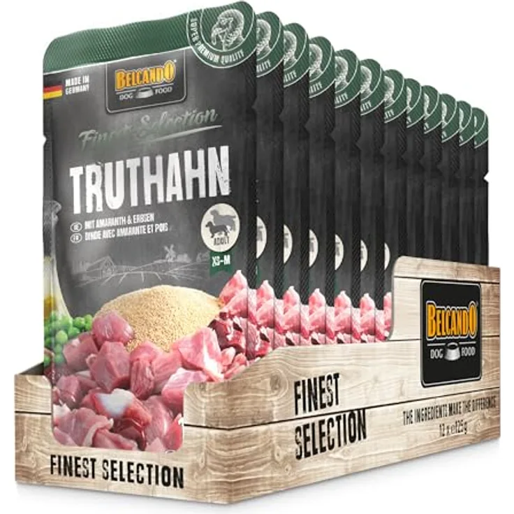 BELCANDO Frischebeutel, 12x125g Truthahn mit Amaranth & Erbsen, Nassfutter für Hunde, Alleinfuttermittel im Einzelportionsbeutel, ohne künstliche Zusatzstoffe