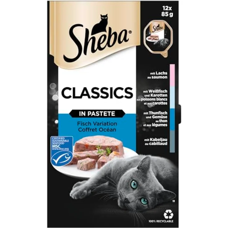 Sheba Classics in Pastete, Katzenfutter, 12x85g mit Lachs, Kabeljau, Thunfisch & Gemüse, Weißfisch & Karotten – Bild 3