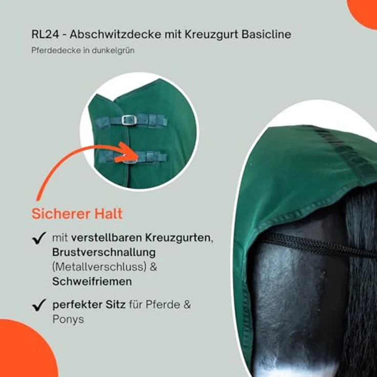 RL24 Abschwitzdecke BASICLINE, atmungsaktiv mit Kreuzgurt, dunkelgrün, 155cm – Bild 4