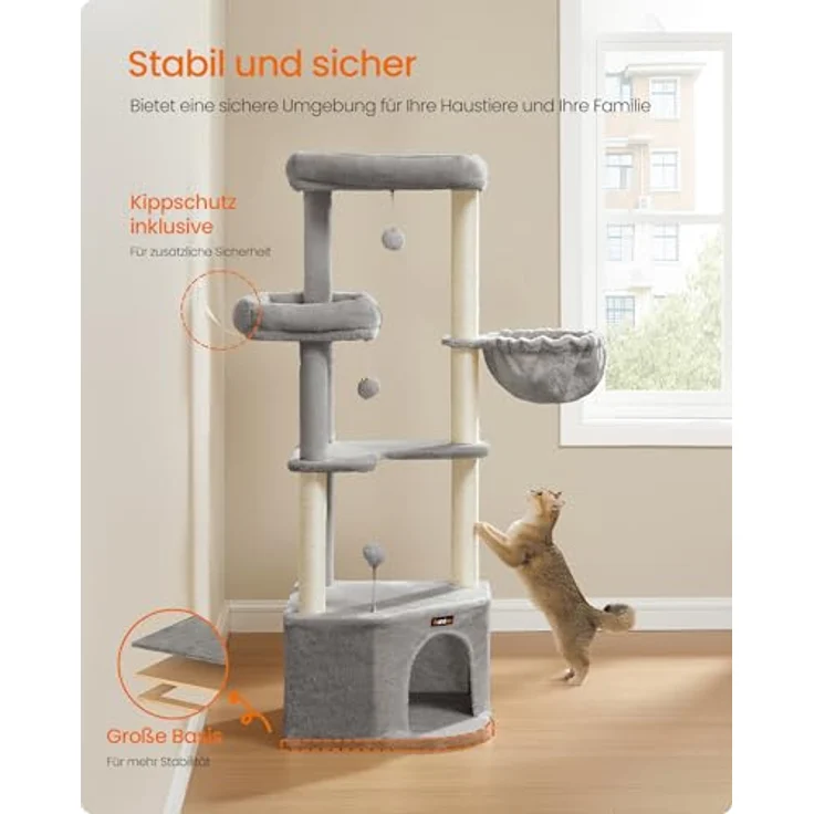 Feandrea Kratzbaum, Katzenbaum, 48,5 x 48,5 x 140,7 cm, Katzenkratzbaum mit großer Kuschelhöhle, großen Plattformen, Plüschbällen, Liegemulde, Taubengrau – Bild 7