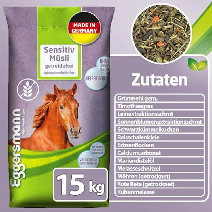 Eggersmann Mein Pferdefutter Sensitiv Müsli, getreidefrei und zuckerreduziert, 15 kg, ideal bei Cushing, EMS, PSSM & Hufrehe, ohne Luzernefasern, hoher Strukturanteil – Bild 5