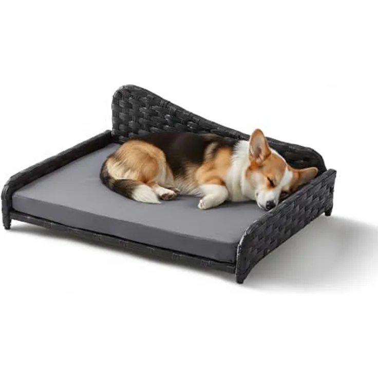 Relaxdays Hundebett Rattan L, erhöhtes Hundesofa mit abnehmbarem Kissen, wetterfest, grau, HBT: 25x63x46 cm