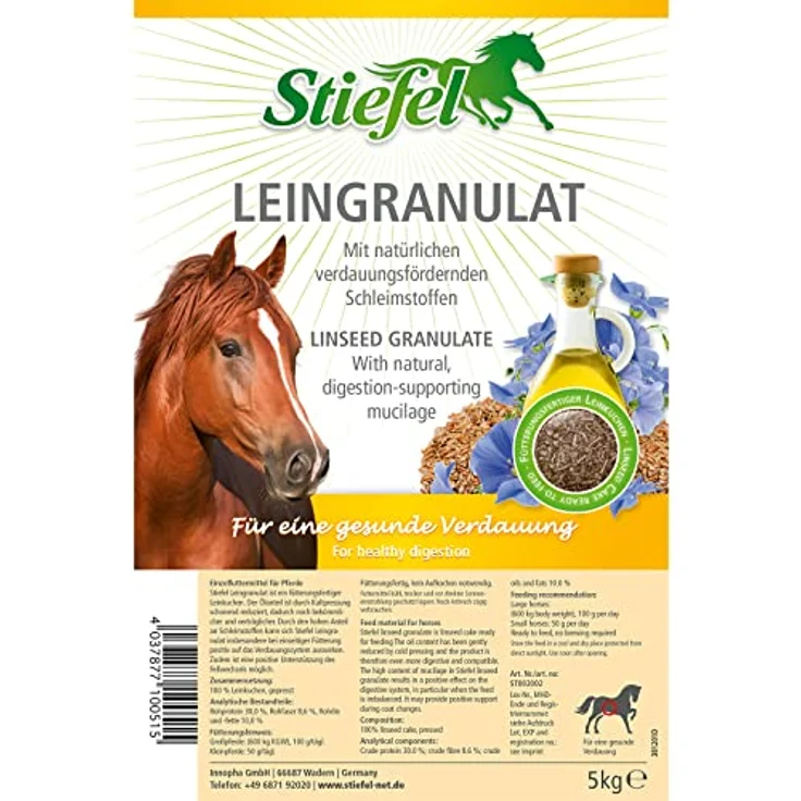 Stiefel Leingranulat, 100% natürlicher fütterungsfertiger Leinkuchen zur Verdauungsunterstützung & Fellwechsel, Kaltpressung, 5kg – Bild 5