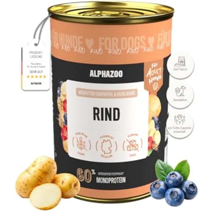 alphazoo Nassfutter Hund Monoprotein Rind 6x400g – getreidefreies Alleinfutter mit Kartoffel, Heidelbeere & Hagebutte, reich an Protein & Vitaminen, regional hergestellt – Bild 2